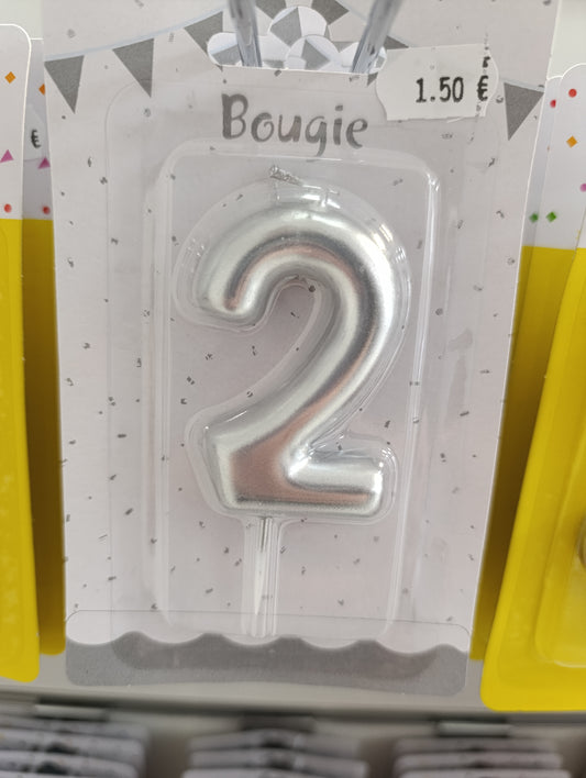 Bougie métallisée argent chiffre 2